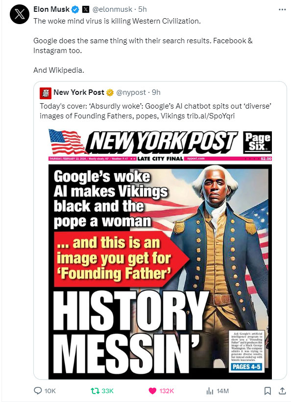 Screenshot of Elon Musk Tweet on the woke mind virus is killing Western Civilization